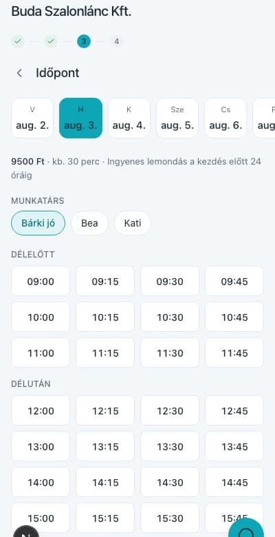 Időpont-választó mobilon: napok, munkatársak és szabad időpontok